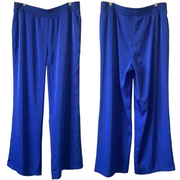 CALVIN KLEIN NWOT Satin Pull On Wide Leg Pants Size XL Blue Pockets - Picture 1 of 4